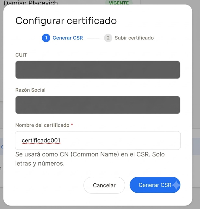 Modal de datos del certificado