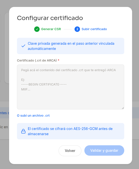 Subir certificado a facturAR