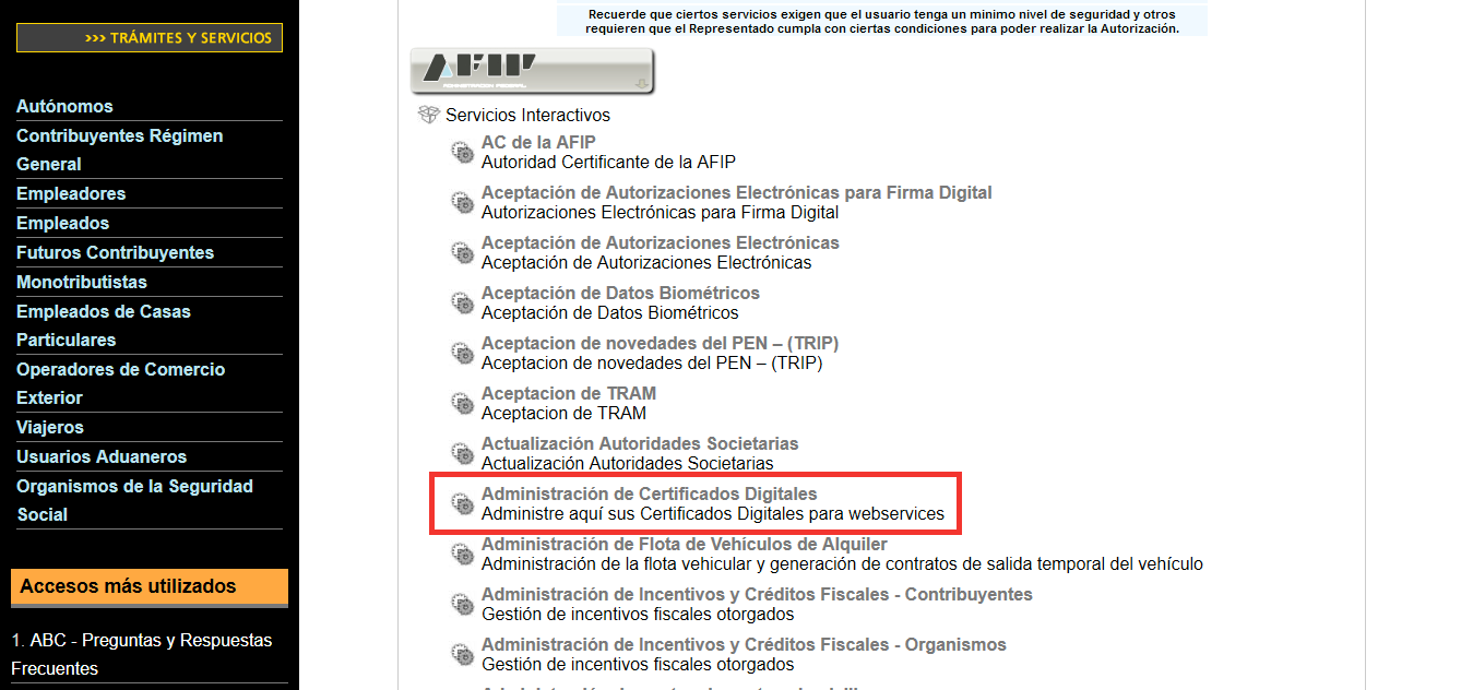 Selección del servicio de certificados