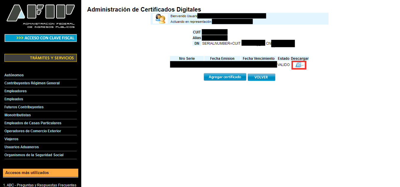 Descarga del certificado