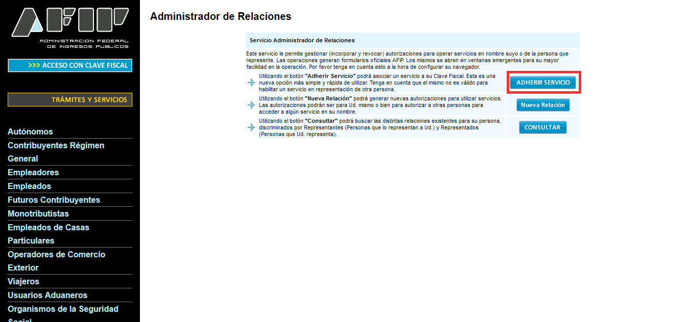 Botón Adherir servicio